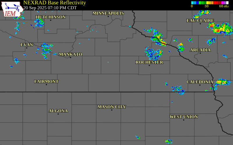 NEXRAD radar during the Saturday, September 20, 2025 storm activity in Steele County, Minnesota