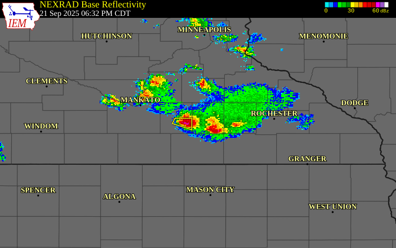 NEXRAD radar during the Sunday, September 21, 2025 storm activity in Steele County, Minnesota