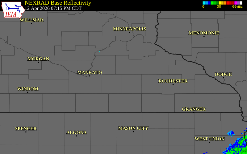 NEXRAD radar during the Sunday, April 12, 2026 storm activity in Steele County, Minnesota