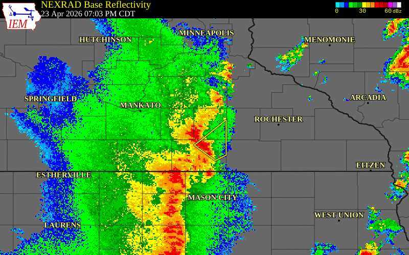 NEXRAD radar during the Thursday, April 23, 2026 storm activity in Steele County, Minnesota