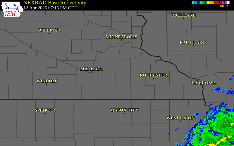 Radar snapshot during the Apr 12, 2026 hail event near 6 SE Morristown, Steele County, Minnesota, with NWS warning polygons