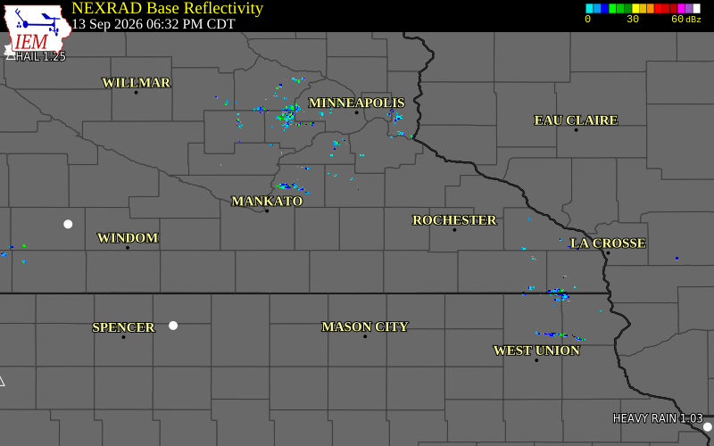 Current NEXRAD radar over Steele County, Minnesota with recent storm report locations