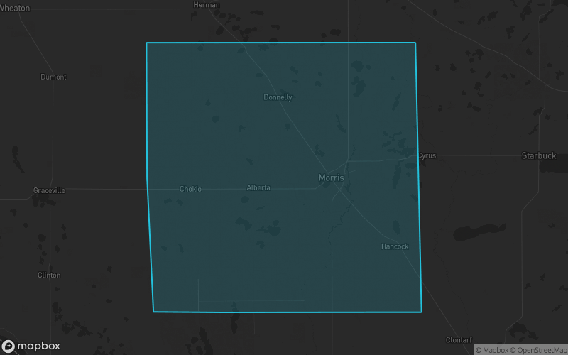 Map of Stevens County, Minnesota showing the county boundary and surrounding cities