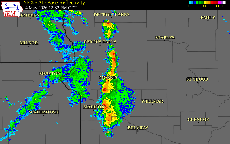 NEXRAD radar during the Thursday, May 14, 2026 storm activity in Stevens County, Minnesota