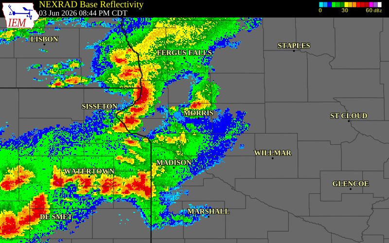 NEXRAD radar during the Wednesday, June 3, 2026 storm activity in Stevens County, Minnesota
