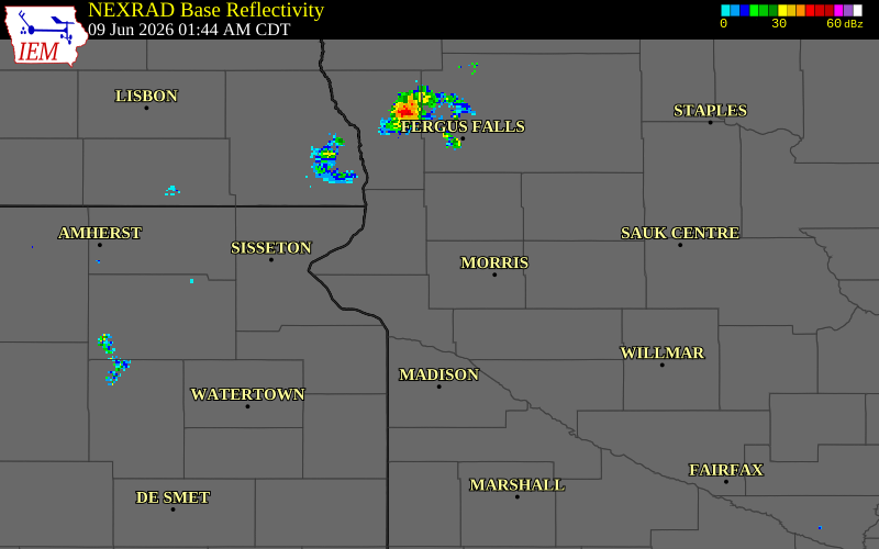NEXRAD radar during the Tuesday, June 9, 2026 storm activity in Stevens County, Minnesota