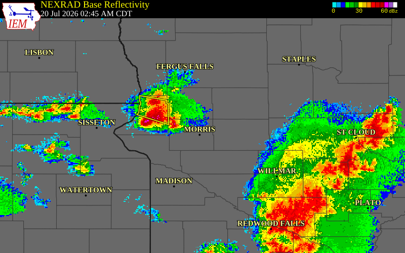 NEXRAD radar during the Monday, July 20, 2026 storm activity in Stevens County, Minnesota