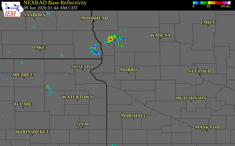 Radar snapshot during the Jun 9, 2026 wind event near 1 NW Chokio, Stevens County, Minnesota, with NWS warning polygons