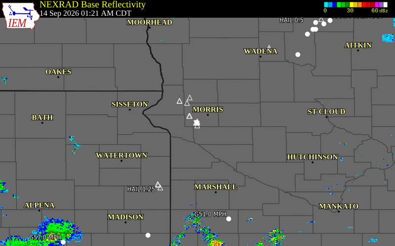 Current NEXRAD radar over Stevens County, Minnesota with recent storm report locations