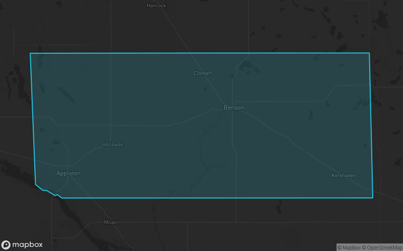 Map of Swift County, Minnesota showing the county boundary and surrounding cities