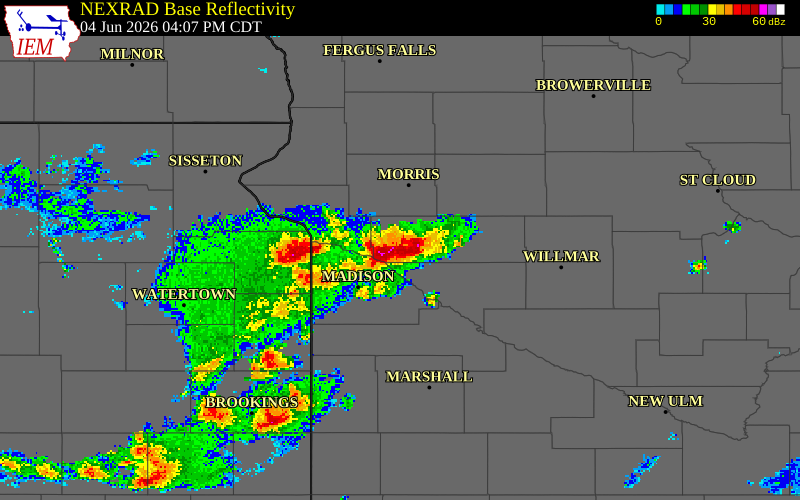 NEXRAD radar during the Thursday, June 4, 2026 storm activity in Swift County, Minnesota