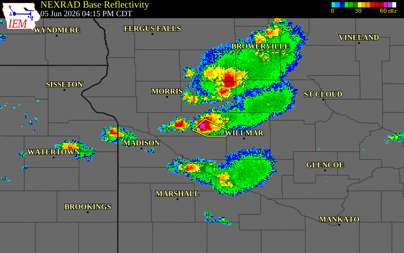 NEXRAD radar during the Friday, June 5, 2026 storm activity in Swift County, Minnesota
