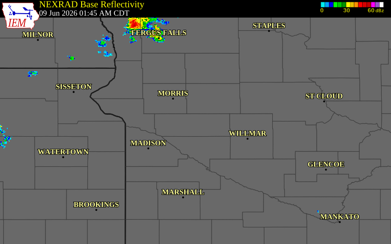 NEXRAD radar during the Tuesday, June 9, 2026 storm activity in Swift County, Minnesota