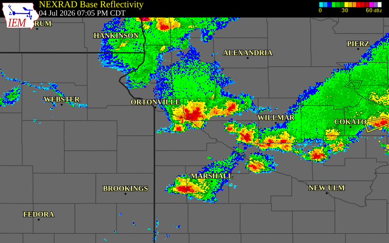 NEXRAD radar during the Saturday, July 4, 2026 storm activity in Swift County, Minnesota