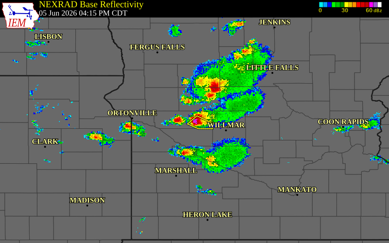 Radar snapshot during the Jun 5, 2026 hail event near 2 W De Graff, Swift County, Minnesota, with NWS warning polygons