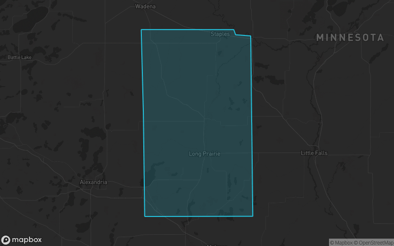 Map of Todd County, Minnesota showing the county boundary and surrounding cities