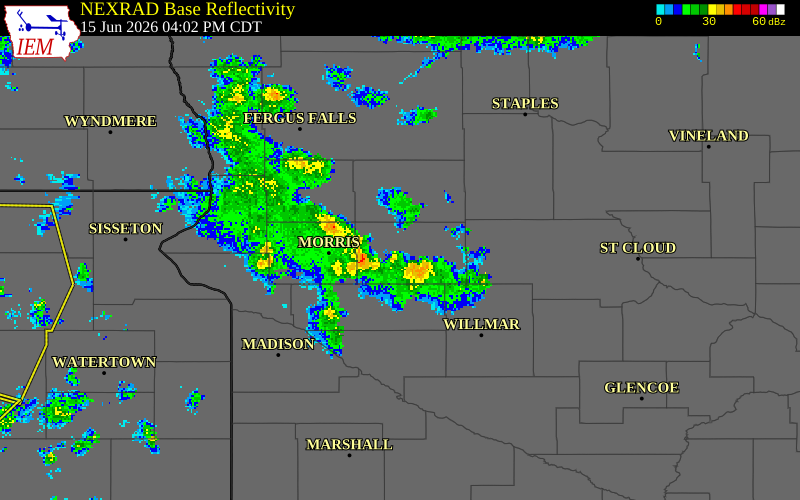 NEXRAD radar during the Monday, June 15, 2026 storm activity in Todd County, Minnesota