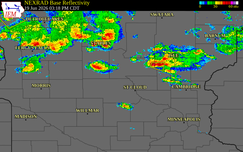 NEXRAD radar during the Friday, June 19, 2026 storm activity in Todd County, Minnesota