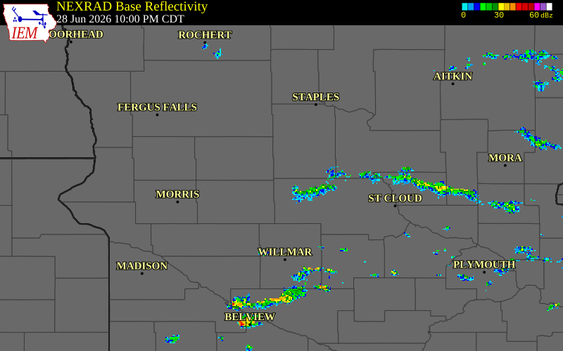 NEXRAD radar during the Sunday, June 28, 2026 storm activity in Todd County, Minnesota