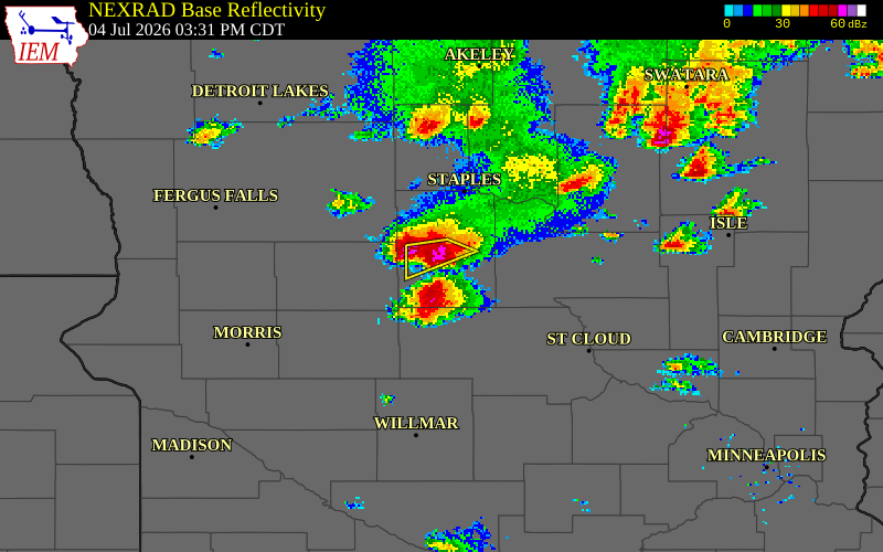 NEXRAD radar during the Saturday, July 4, 2026 storm activity in Todd County, Minnesota