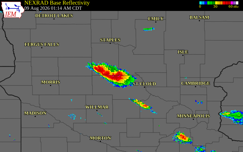 NEXRAD radar during the Sunday, August 9, 2026 storm activity in Todd County, Minnesota