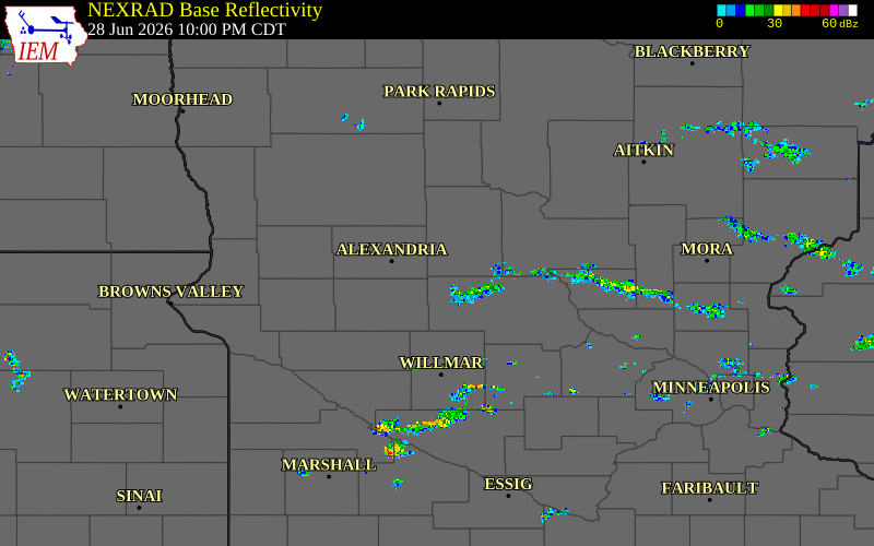 Radar snapshot during the Jun 28, 2026 hail event near West Union, Todd County, Minnesota, with NWS warning polygons