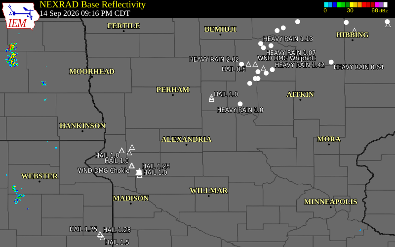 Current NEXRAD radar over Todd County, Minnesota with recent storm report locations