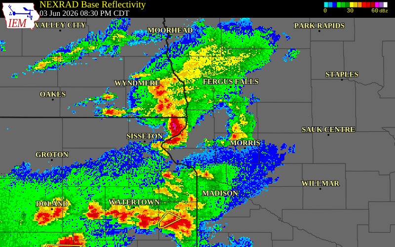 NEXRAD radar during the Wednesday, June 3, 2026 storm activity in Traverse County, Minnesota
