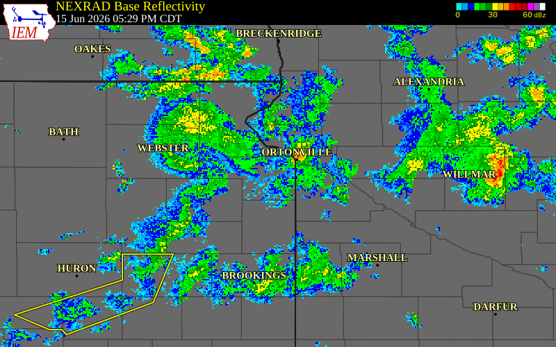 NEXRAD radar during the Monday, June 15, 2026 storm activity in Traverse County, Minnesota