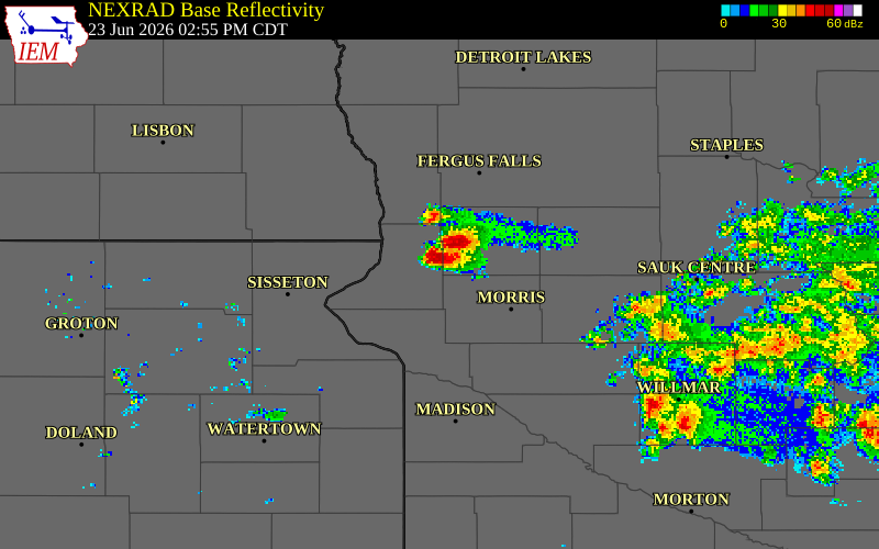 NEXRAD radar during the Tuesday, June 23, 2026 storm activity in Traverse County, Minnesota