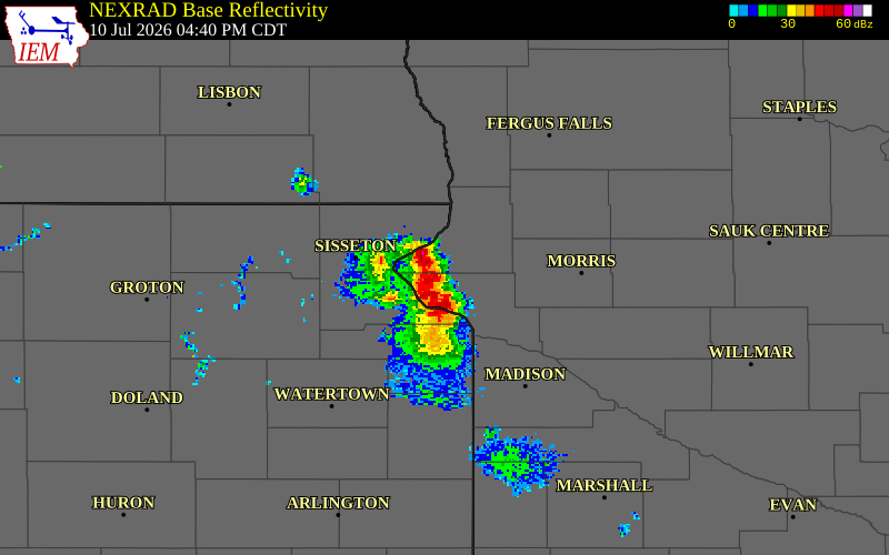NEXRAD radar during the Friday, July 10, 2026 storm activity in Traverse County, Minnesota