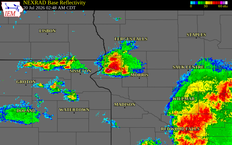 NEXRAD radar during the Monday, July 20, 2026 storm activity in Traverse County, Minnesota