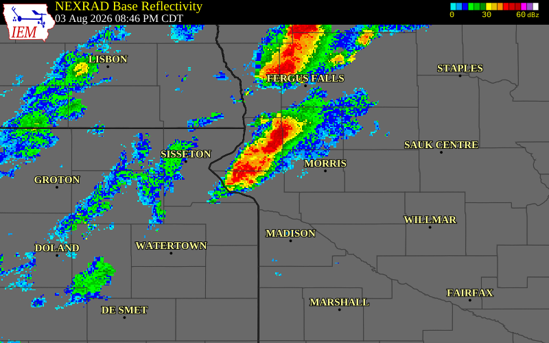 NEXRAD radar during the Monday, August 3, 2026 storm activity in Traverse County, Minnesota