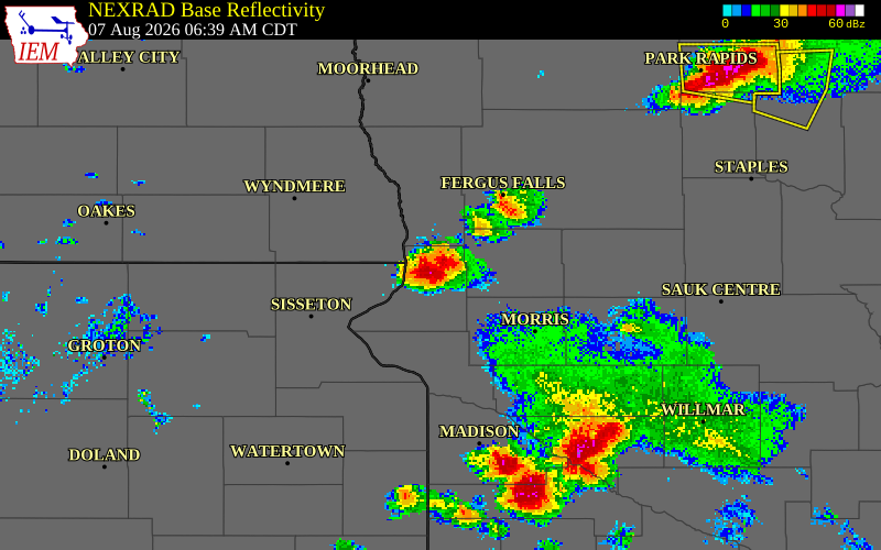 NEXRAD radar during the Friday, August 7, 2026 storm activity in Traverse County, Minnesota