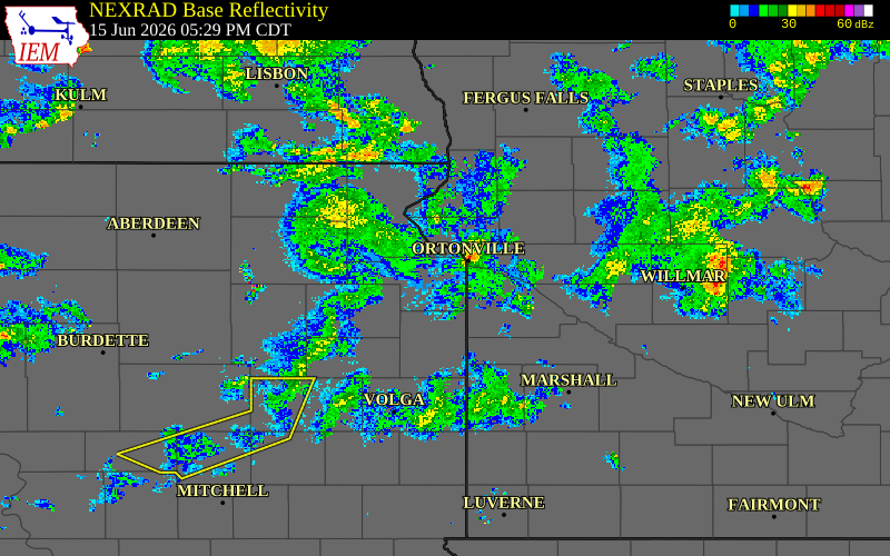 Radar snapshot during the Jun 15, 2026 wind event near Traverse County, Traverse County, Minnesota, with NWS warning polygons