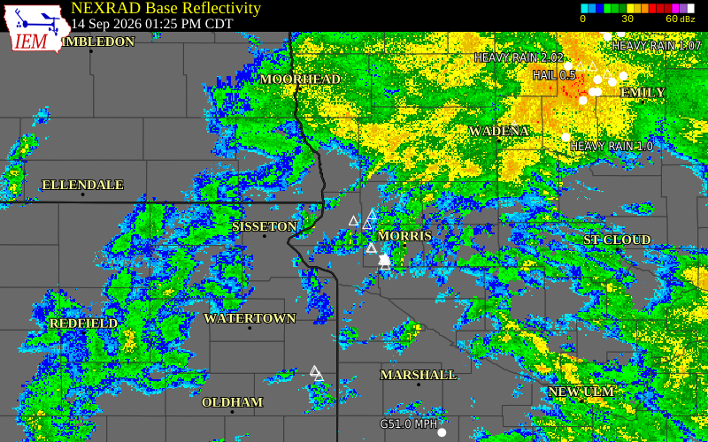 Current NEXRAD radar over Traverse County, Minnesota with recent storm report locations