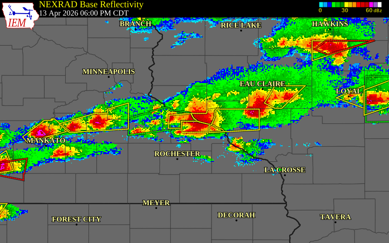 NEXRAD radar during the Monday, April 13, 2026 storm activity in Wabasha County, Minnesota