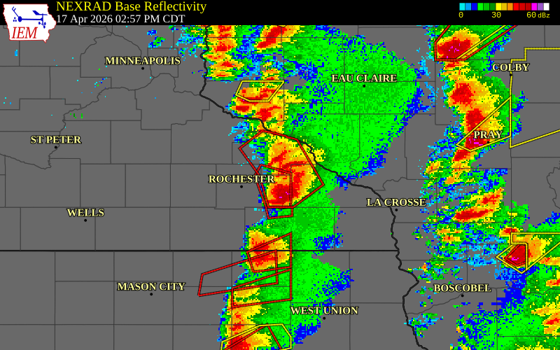 NEXRAD radar during the Friday, April 17, 2026 storm activity in Wabasha County, Minnesota