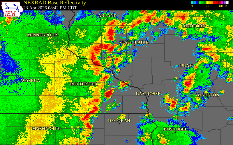 NEXRAD radar during the Thursday, April 23, 2026 storm activity in Wabasha County, Minnesota