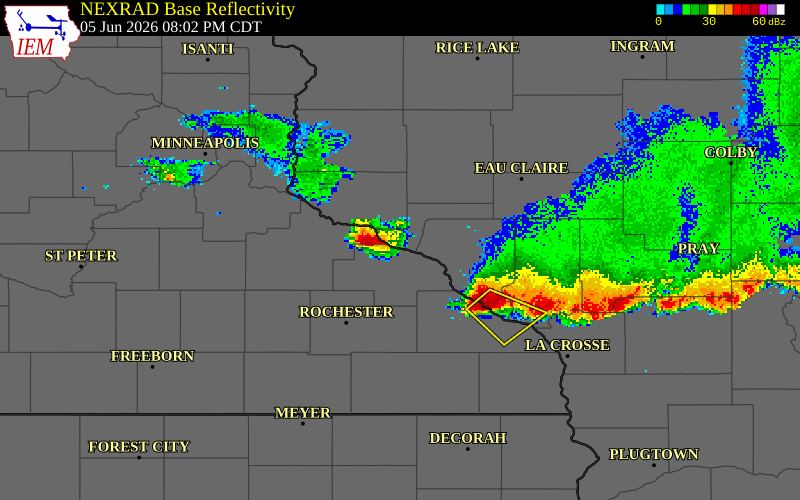 NEXRAD radar during the Friday, June 5, 2026 storm activity in Wabasha County, Minnesota