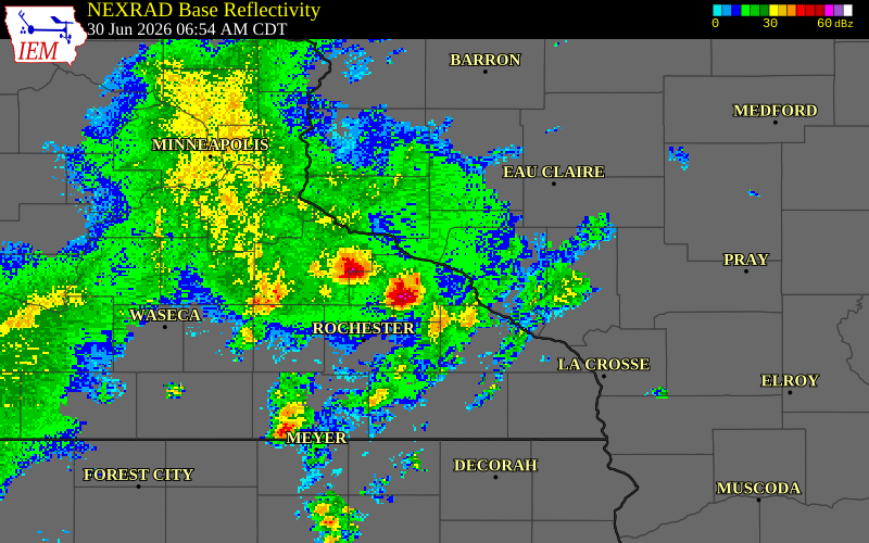 NEXRAD radar during the Tuesday, June 30, 2026 storm activity in Wabasha County, Minnesota