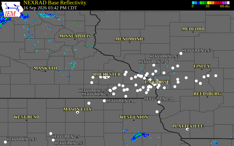 Current NEXRAD radar over Wabasha County, Minnesota with recent storm report locations