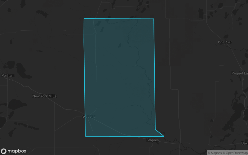 Map of Wadena County, Minnesota showing the county boundary and surrounding cities