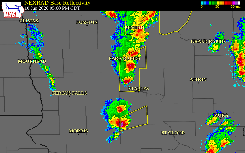 NEXRAD radar during the Wednesday, June 10, 2026 storm activity in Wadena County, Minnesota