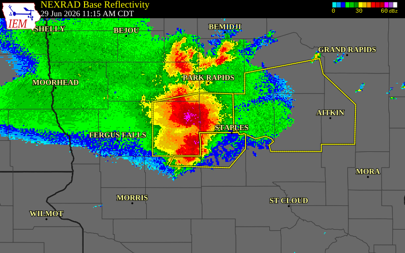 NEXRAD radar during the Monday, June 29, 2026 storm activity in Wadena County, Minnesota