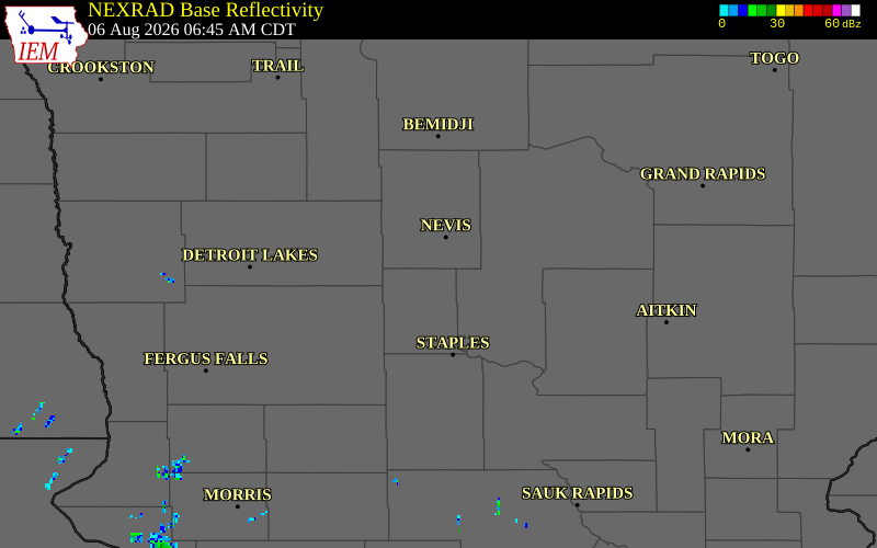 NEXRAD radar during the Thursday, August 6, 2026 storm activity in Wadena County, Minnesota