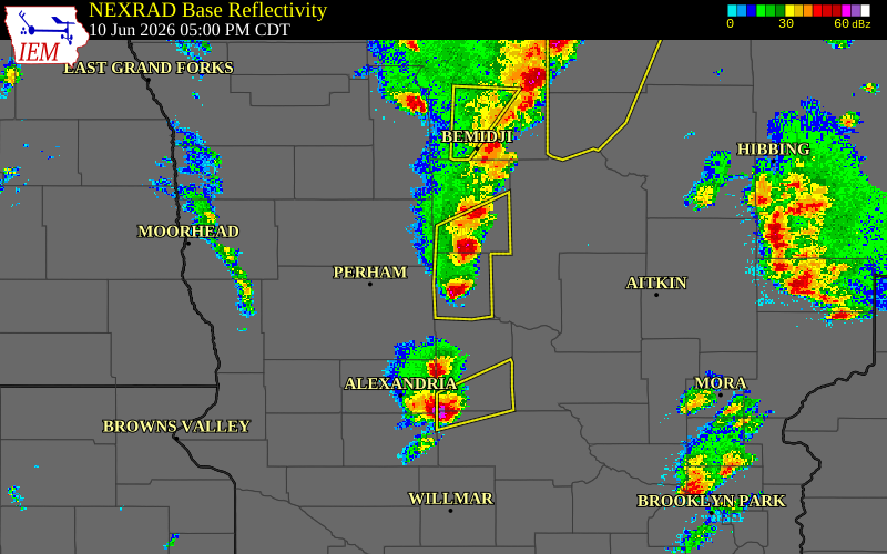 Radar snapshot during the Jun 10, 2026 hail event near 2 NNW Sebeka, Wadena County, Minnesota, with NWS warning polygons