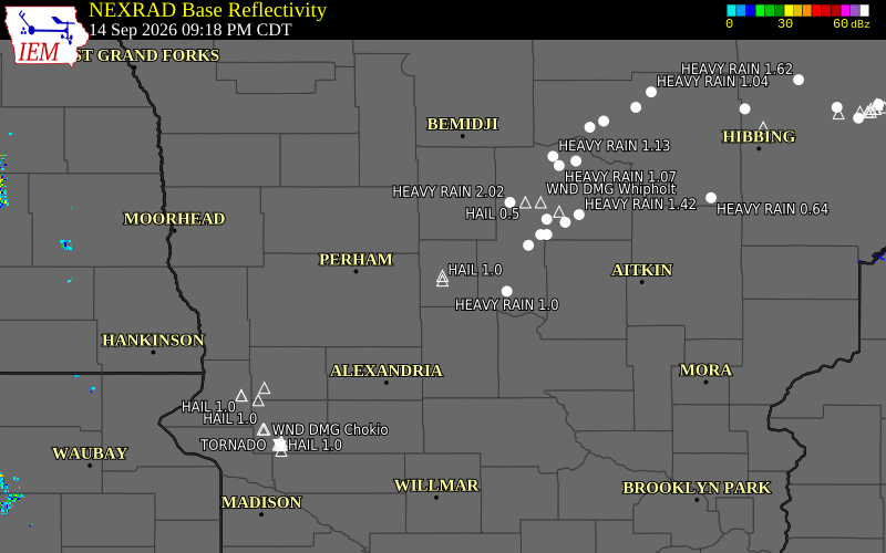 Current NEXRAD radar over Wadena County, Minnesota with recent storm report locations