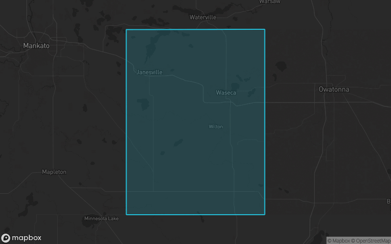 Map of Waseca County, Minnesota showing the county boundary and surrounding cities