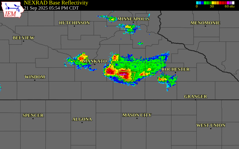NEXRAD radar during the Sunday, September 21, 2025 storm activity in Waseca County, Minnesota